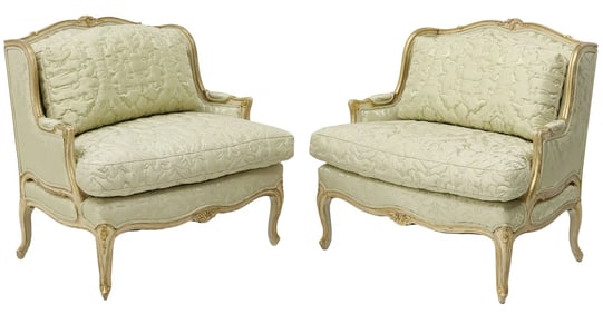 (2) LOUIS XV STYLE QUILTED DAMASK OVERSIZED BERGERES