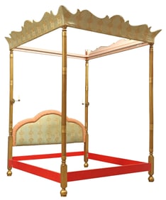 CUSTOM SILK-UPHOLSTERED KING-SIZED CANOPY BED & CURTAINS