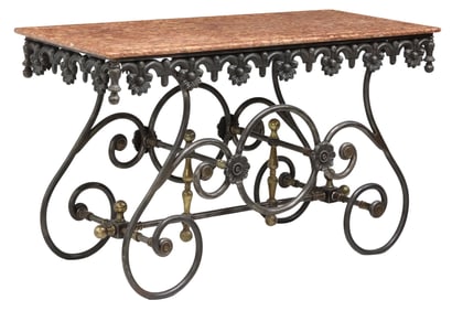 FRENCH MARBLE-TOP PAINTED IRON PASTRY TABLE