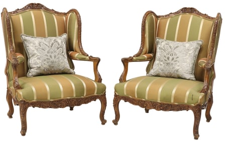 (2) FRENCH LOUIS XV STYLE UPHOLSTERED WALNUT WINGBACK FAUTEUILS