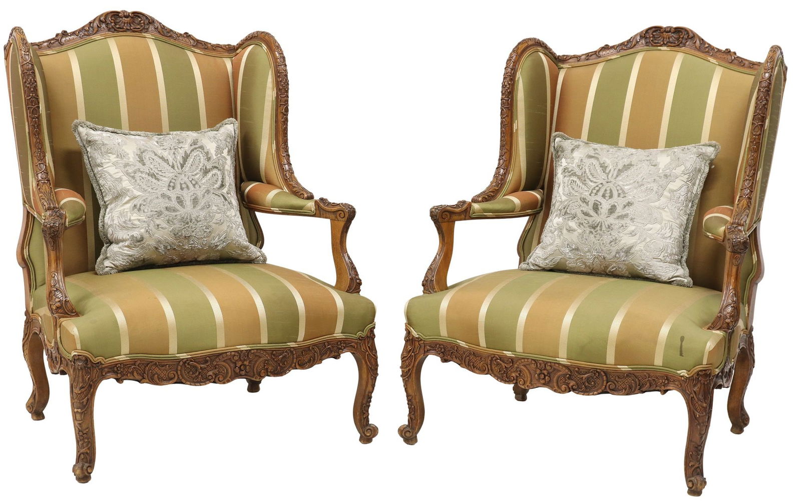(2) FRENCH LOUIS XV STYLE UPHOLSTERED WALNUT WINGBACK FAUTEUILS (1 of 3)