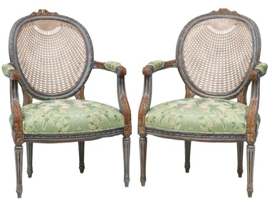 (2) FAIRFIELD (ATTRIB.) LOUIS XVI STYLE CANED & SILK UPHOLSTERED FAUTEUILS