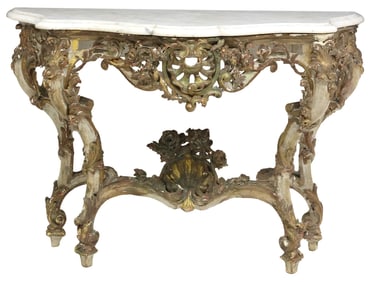 ITALIAN ROCOCO STYLE PAINTED & CARVED MARBLE-TOP CONSOLE TABLE