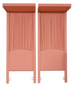 (2) TWIN-SIZE CUSTOM JACQUARD-UPHOLSTERED CANOPY HEADBOARD, SKIRTS & DRAPES