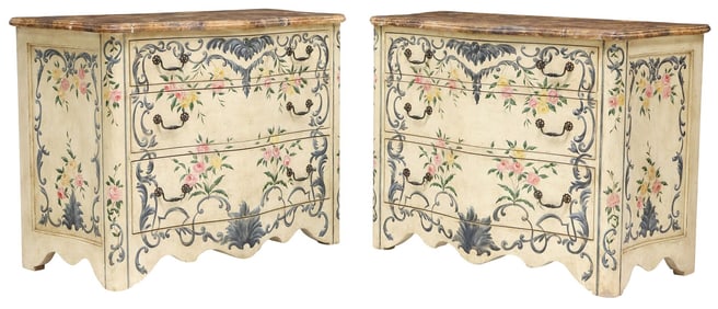 (2) JOHN HALL VENETIAN STYLE PAINT DECORATED 3-DRAWER COMMODES