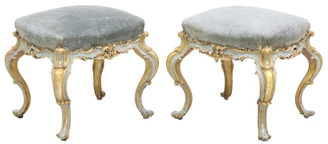 (2) ITALIAN ROCOCO STYLE BLUE-PAINTED & PARCEL-GILT TABOURETS