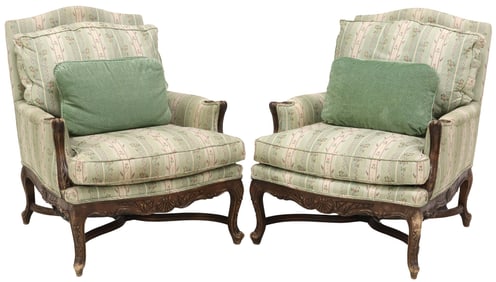 (2) FRENCH LOUIS XV STYLE CARVED & UPHOLSTERED BERGERES / ARMCHAIRS