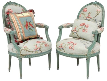 (2) FRENCH LOUIS XVI STYLE PAINTED & UPHOLSTERED FAUTEUILS