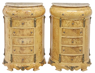 (2) NAPOLEON III STYLE MARBLE-TOP MARQUETRY SIDE CABINETS