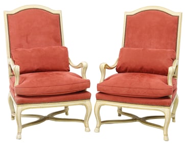 (2) FRENCH LOUIS XV STYLE RED SUEDE UPHOLSTERED HIGHBACK FAUTEUILS