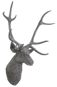 LIFE-SIZE PATINATED BRONZE SCULPTURE, STAG TROPHY MOUNT