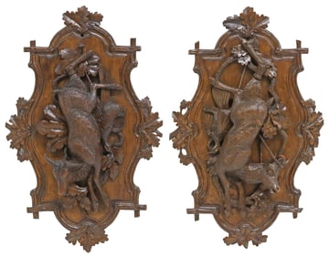 (2) BLACK FOREST FINELY CARVED WALNUT HUNTING TROPHY PLAQUES
