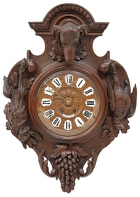 FRENCH HENRI II STYLE CARVED OAK HUNT CARTEL CLOCK