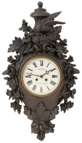 BLACK FOREST STYLE CARVED & EBONIZED OAK CARTEL WALL CLOCK