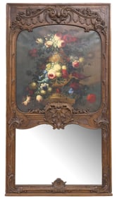 LARGE FRENCH LOUIS XV STYLE TRUMEAU MIRROR WITH FLORAL STILL LIFE, 82.25"H