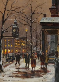 ROBERT DE CHATELENNE LONDON WINTER STREET SCENE, 18" X 13"