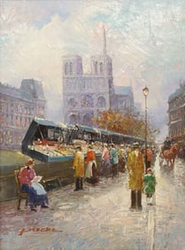 T.E. PENCKE (B.1929) NOTRE-DAME STREET SCENE WITH OPEN AIR BOOKSHOP