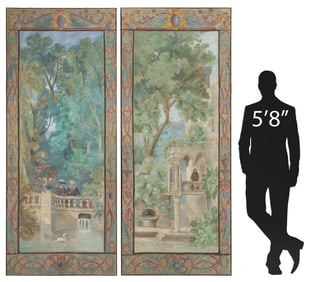 (2) MONUMENTAL CONTINENTAL VERDANT PAINTED TAPESTRIES, 100"H