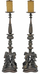 (2) BAROQUE STYLE PATINATED BRONZE CANDLE PRICKET TABLE LAMPS
