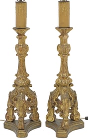 (2) LARGE CONTINENTAL BAROQUE STYLE GILTWOOD CANDLE PRICKET LAMPS