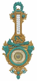 LOUIS XVI STYLE PARCEL-GILT & FAUX-MALACHITE BAROMETER THERMOMETER