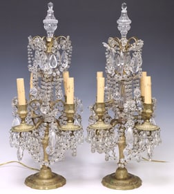 (2) CONTINENTAL ORMOLU & CRYSTAL 4-LIGHT GIRANDOLE TABLE LAMPS