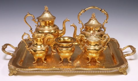 (6) AMERICAN GOLDFEDER GOLD ELECTROPLATE TEA SERVICE WITH TRAY