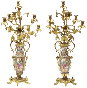 (2) CHINESE CANTON ROSE GILT METAL & PORCELAIN 6-LT CANDELABRA