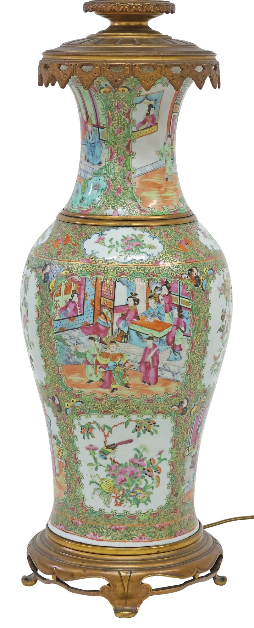LARGE CHINESE CANTON PARCEL GILT FAMILLE ROSE VASE 3-LT TABLE LAMP (1 of 5)