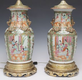 (2) LARGE CHINESE CANTON PARCEL GILT FAMILLE ROSE VASE 1-LT TABLE LAMPS