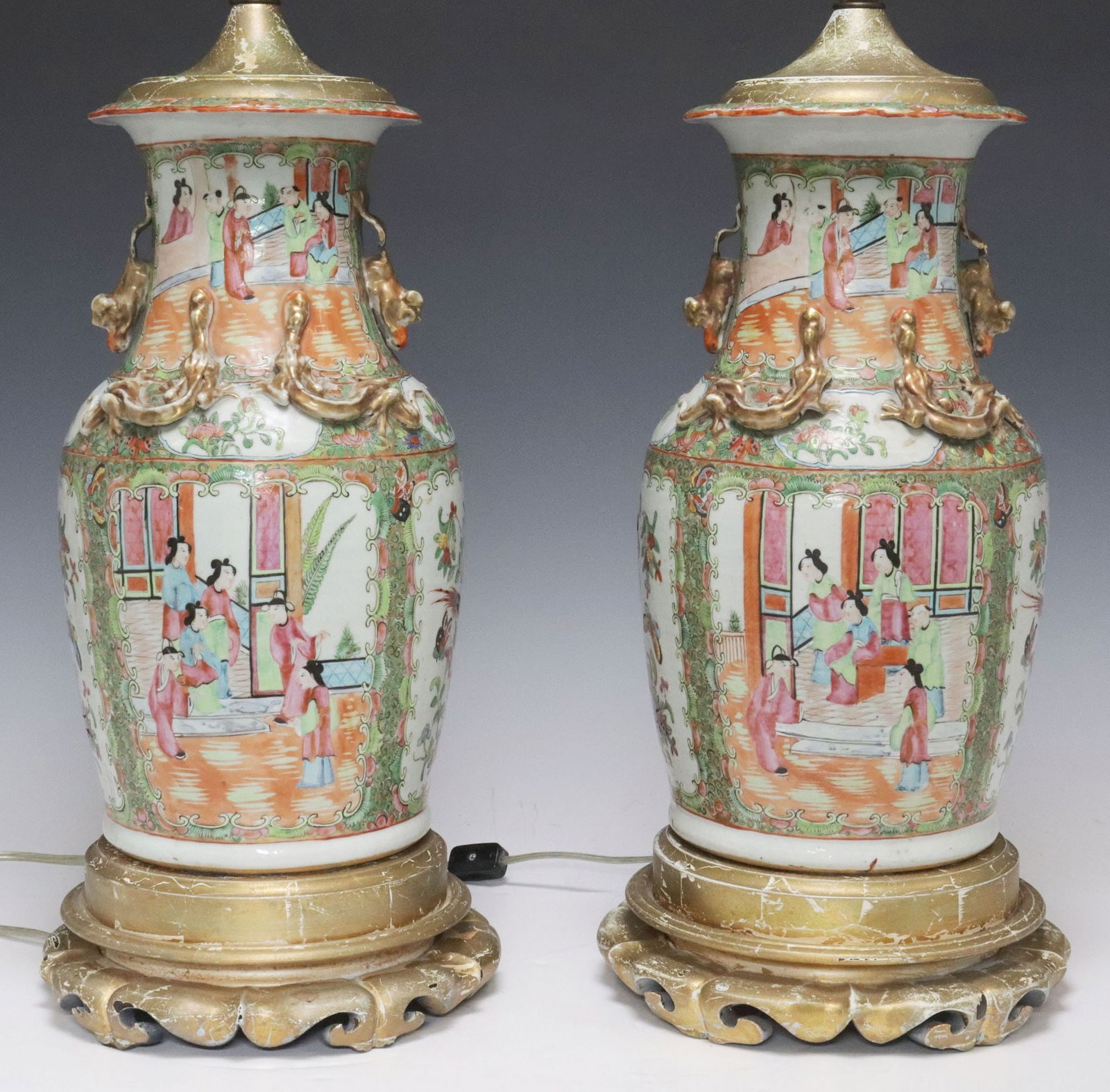 (2) LARGE CHINESE CANTON PARCEL GILT FAMILLE ROSE VASE 1-LT TABLE LAMPS (1 of 6)