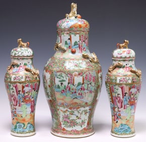 (3) CHINESE CANTON ROSE PORCELAIN COVERED VASE GARNITURE SET