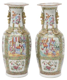 (2) LARGE CHINESE CANTON ROSE PORCELAIN BALUSTER VASES, 24.5"H