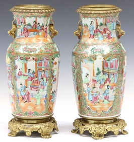 (2) CHINESE CANTON ROSE GILT METAL-MOUNTED PORCELAIN VASES