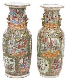 (2) LARGE CHINESE CANTON ROSE PORCELAIN BALUSTER VASES