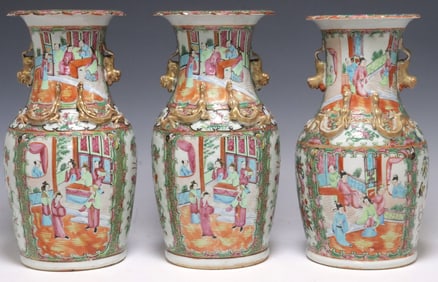 (3) CHINESE CANTON ROSE PARCEL GILT PORCELAIN BALUSTER VASES