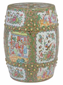 CHINESE CANTON ROSE ENAMELED PORCELAIN GARDEN SEAT / STOOL