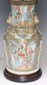 CHINESE CANTON ROSE PORCELAIN BALUSTER VASE TABLE LAMP