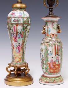 (2) CHINESE CANTON ROSE PORCELAIN VASE TABLE LAMPS