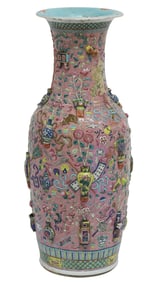 LARGE CHINESE PINK-GROUND FAMILLE ROSE 'HUNDRED ANTIQUES' VASE, 24.25"H