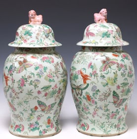 (2) LARGE CHINESE FAMILLE ROSE ENAMELED PORCELAIN TEMPLE JARS, 19.5"H
