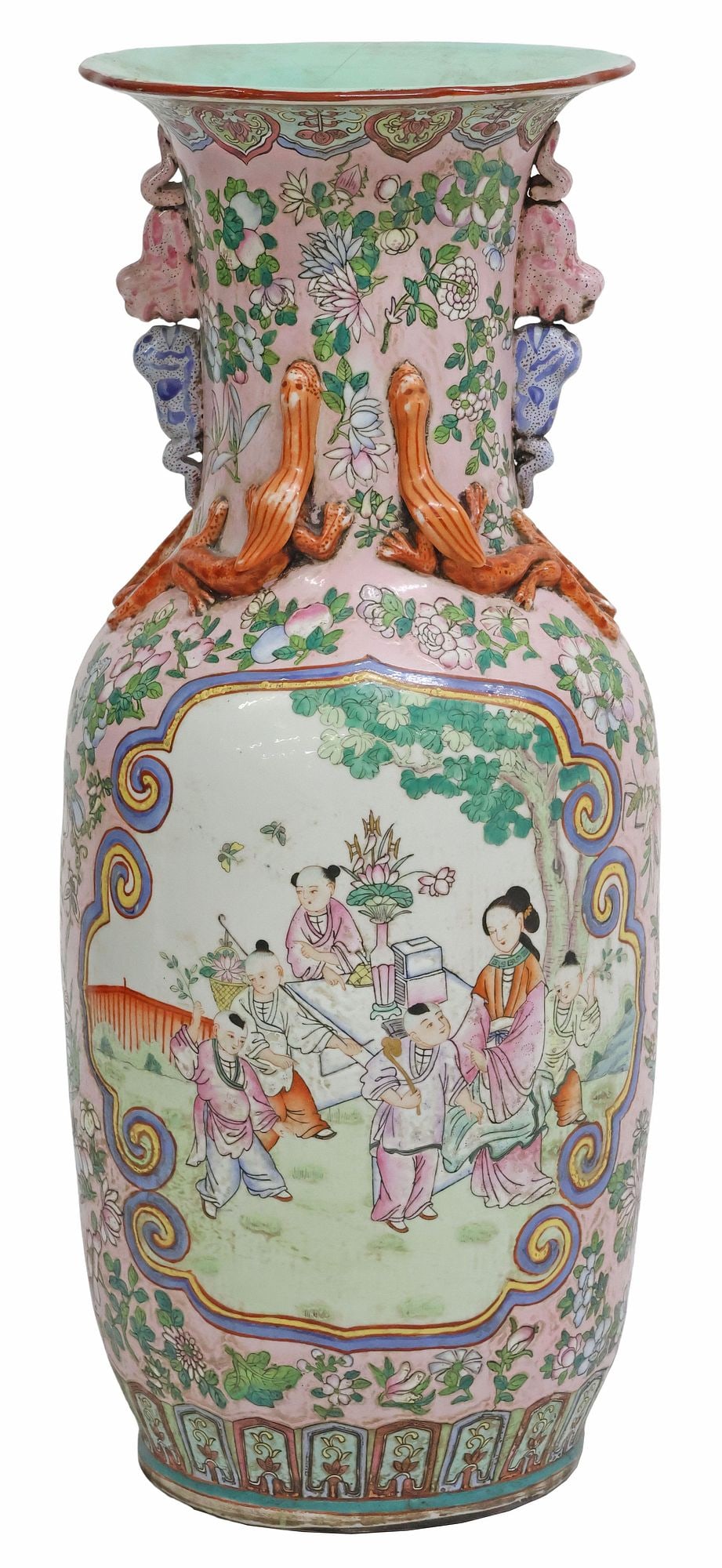 LARGE CHINESE FAMILLE ROSE BALUSTER-FORM PORCELAIN VASE, 25.5"H: Large Chinese famille rose baluster-form porcelain vase, having applied handles modeled as Buddhist lions, above enameled reserves depicting children in a garden, among flowers and insect motifs, mult