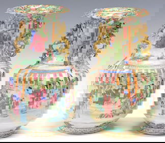 (2) CHINESE FAMILLE ROSE ENAMELED PORCELAIN BALUSTER VASES