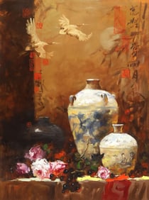 SIGNED OIL PAINTING STILL LIFE WITH CHINESE VASES