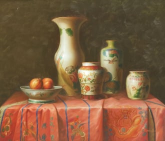 M. MOSHALL (20TH C.) STILL LIFE WITH CHINESE VASES, 20" X 24"