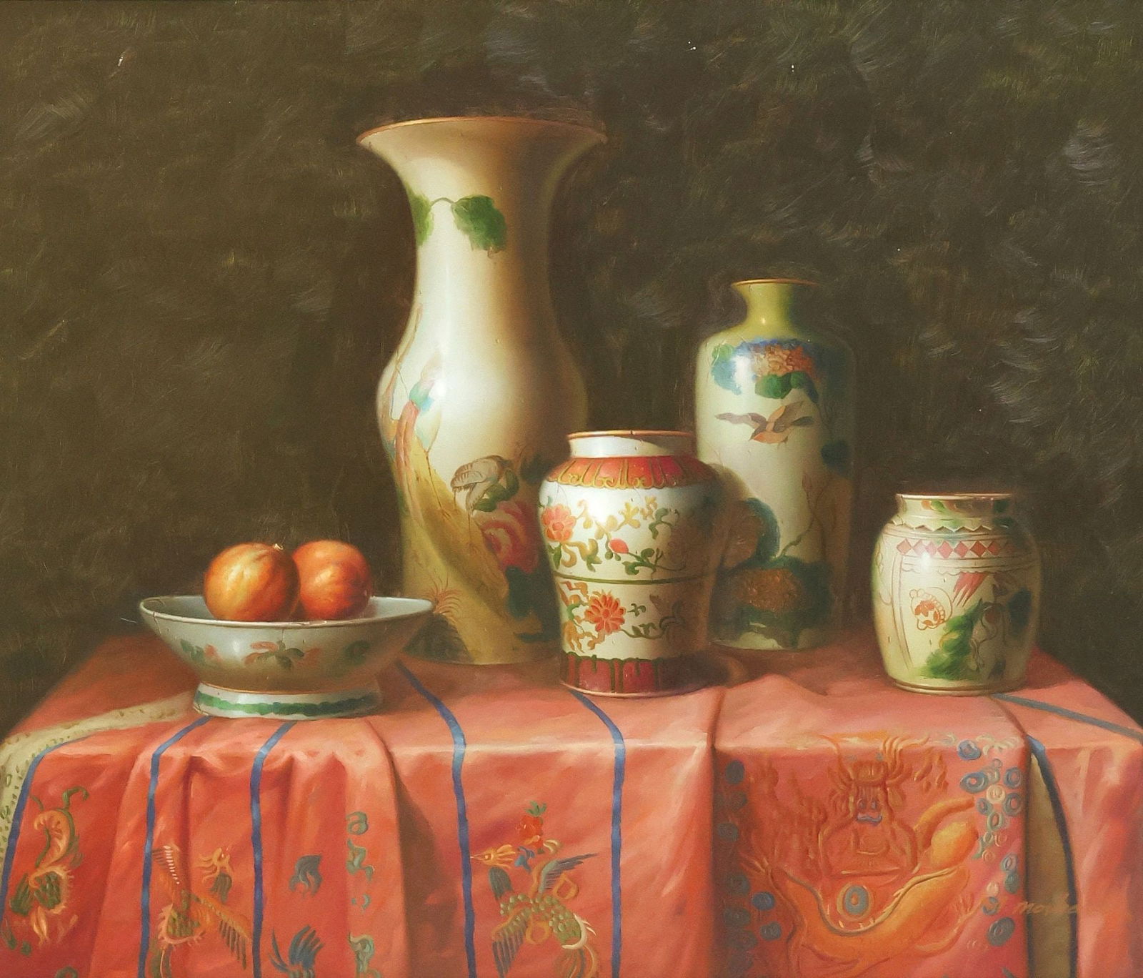 M. MOSHALL (20TH C.) STILL LIFE WITH CHINESE VASES, 20" X 24" (1 of 4)