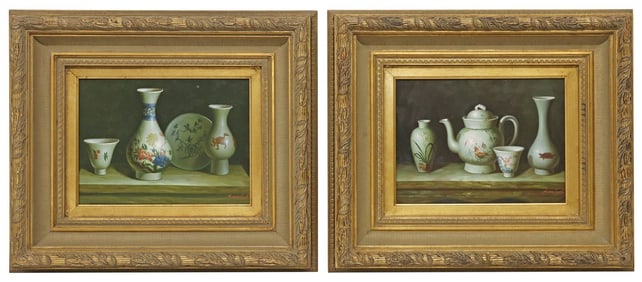 (2) M. MOSHALL (20TH C.) STILL LIFE WITH CHINESE PORCELAIN, 12" X 16"