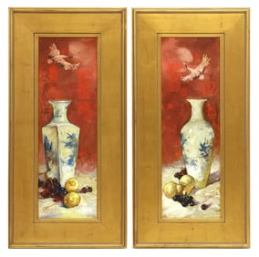 (2) SIGNED OIL PAINTINGS STILL LIFE WITH CHINESE VASE