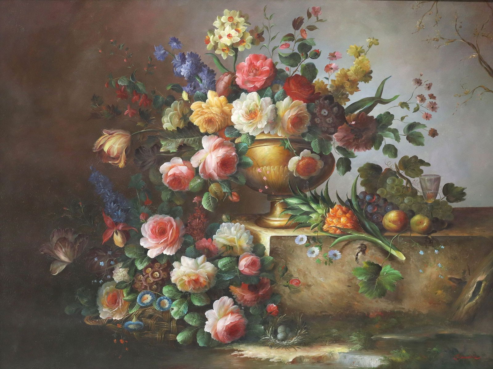 SIGNED CLAUDIN DECORATIVE STILL LIFE PAINTING, 36" X 48" (1 of 4)