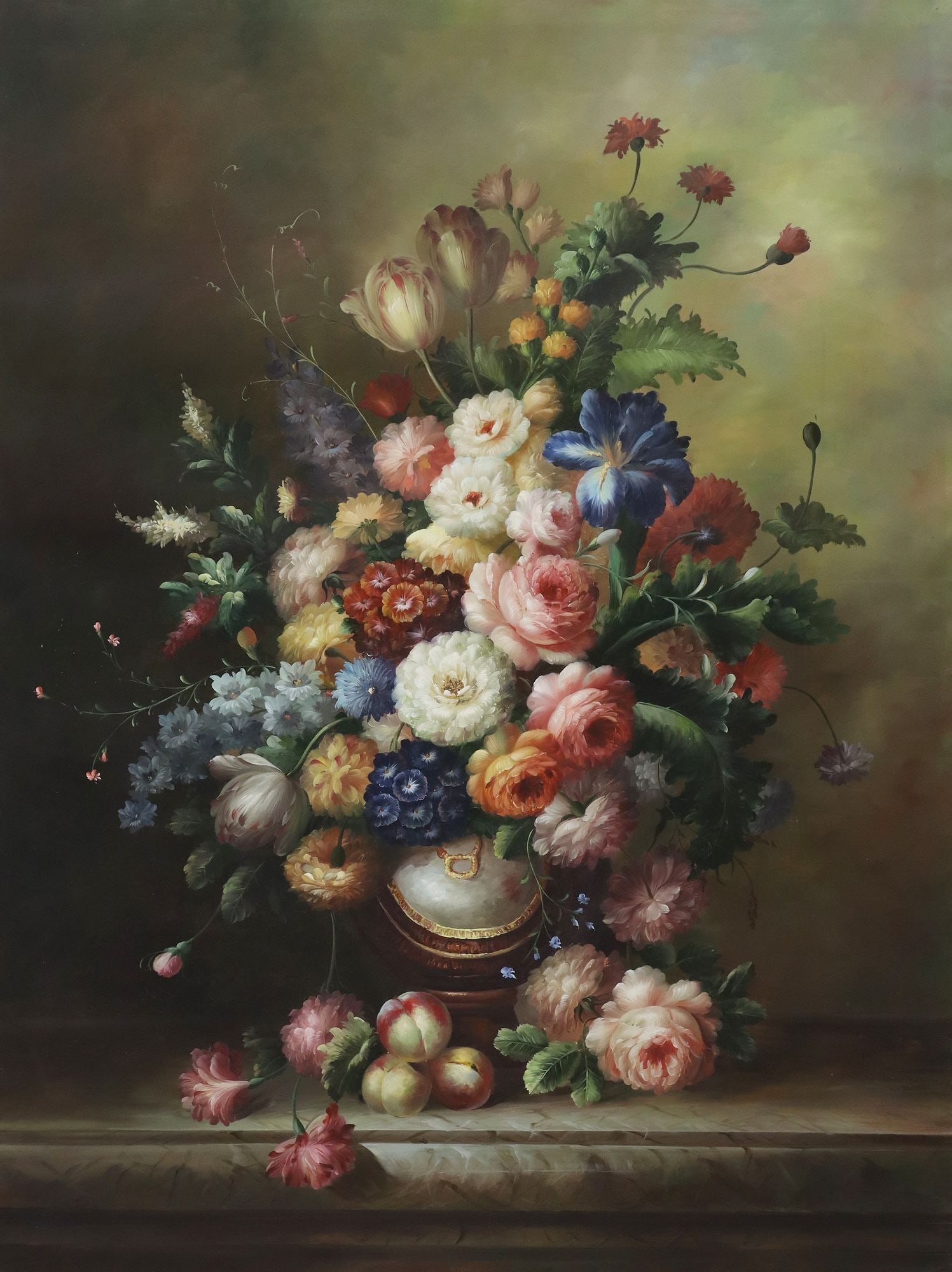 FRAMED DUTCH STYLE FLORAL STILL LIFE PAINTING, 48" X 36": Framed oil on canvas painting, Still Life with Vase of Flowers, apparently unsigned, sight: approx 47 5/8"h, 35 5/8"w, overall: 55.75"h, 43.75"w, 17lbs **Provenance: From the Byram Family's Above Stra